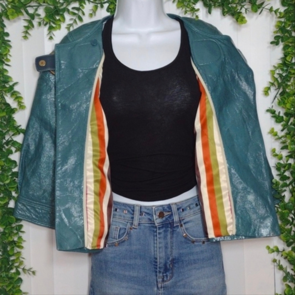 NEW Coach Cropped Distressed Leather Jacket in Teal Green